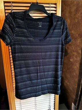 A New Day Black Tee scoop neck and Subtle Silver Stripes